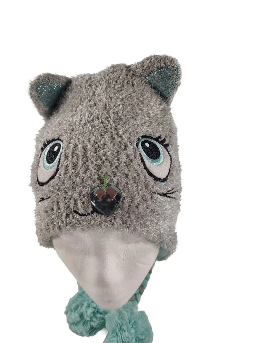 Girl's Mint Green & Gray Kitty-Cat Themed Winter Beanie